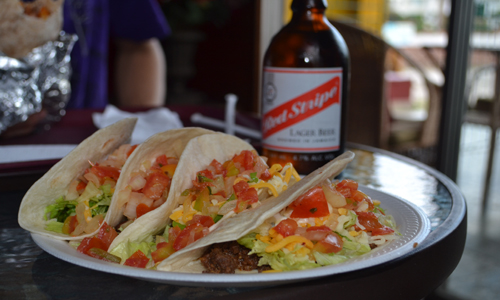 Beef, Grilled and Jerk Chicken Tacos with a red stripe to wash it down at Chilitos Jamexican in Kingston