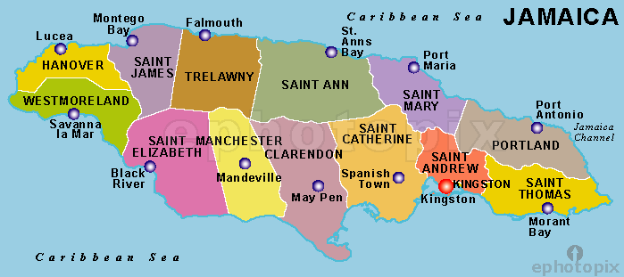 Jamaica Map With Parishes And Capital